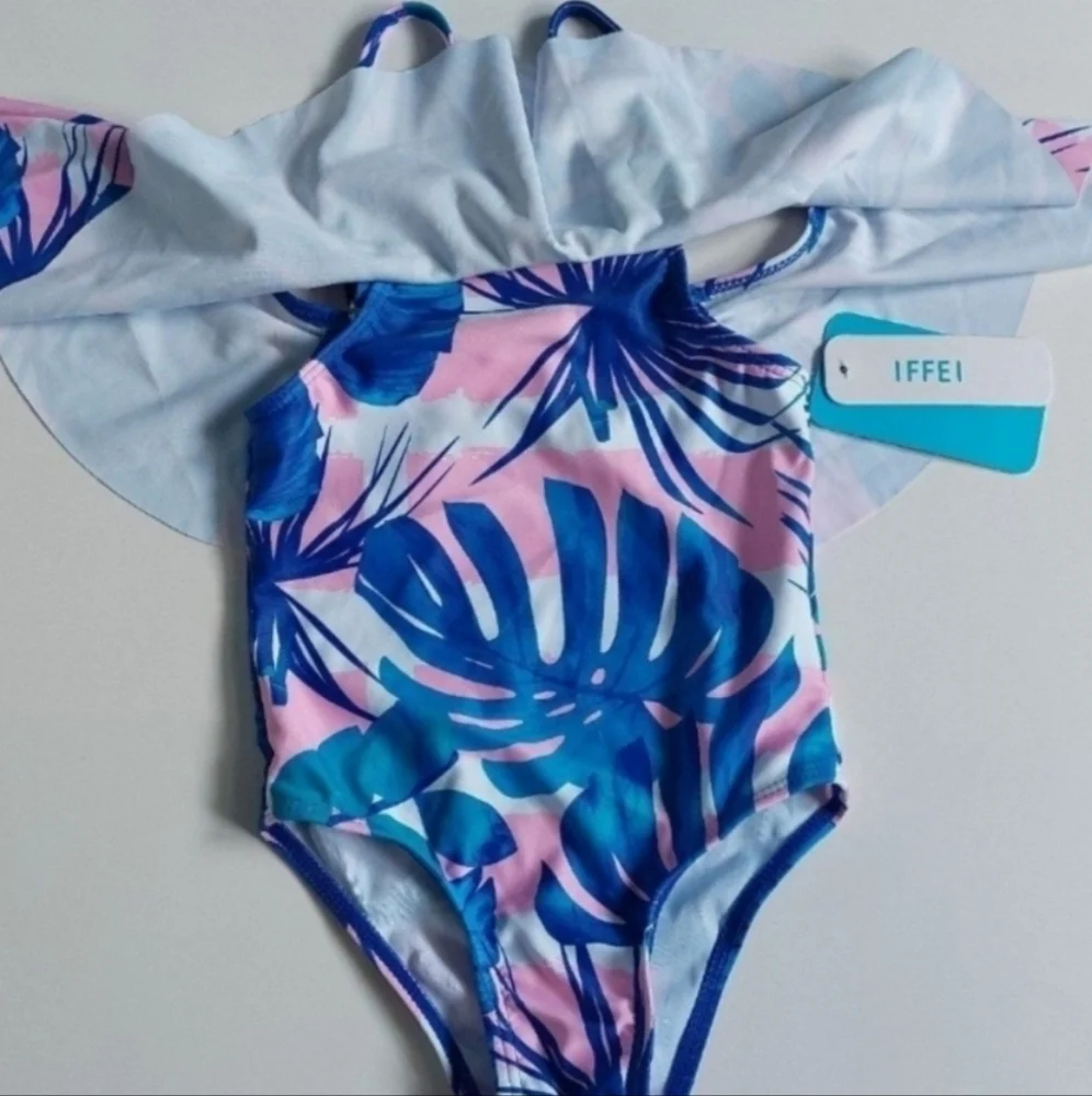 Bikini tropical print one piece toddler‎ Girls blue pink  Size 2Y